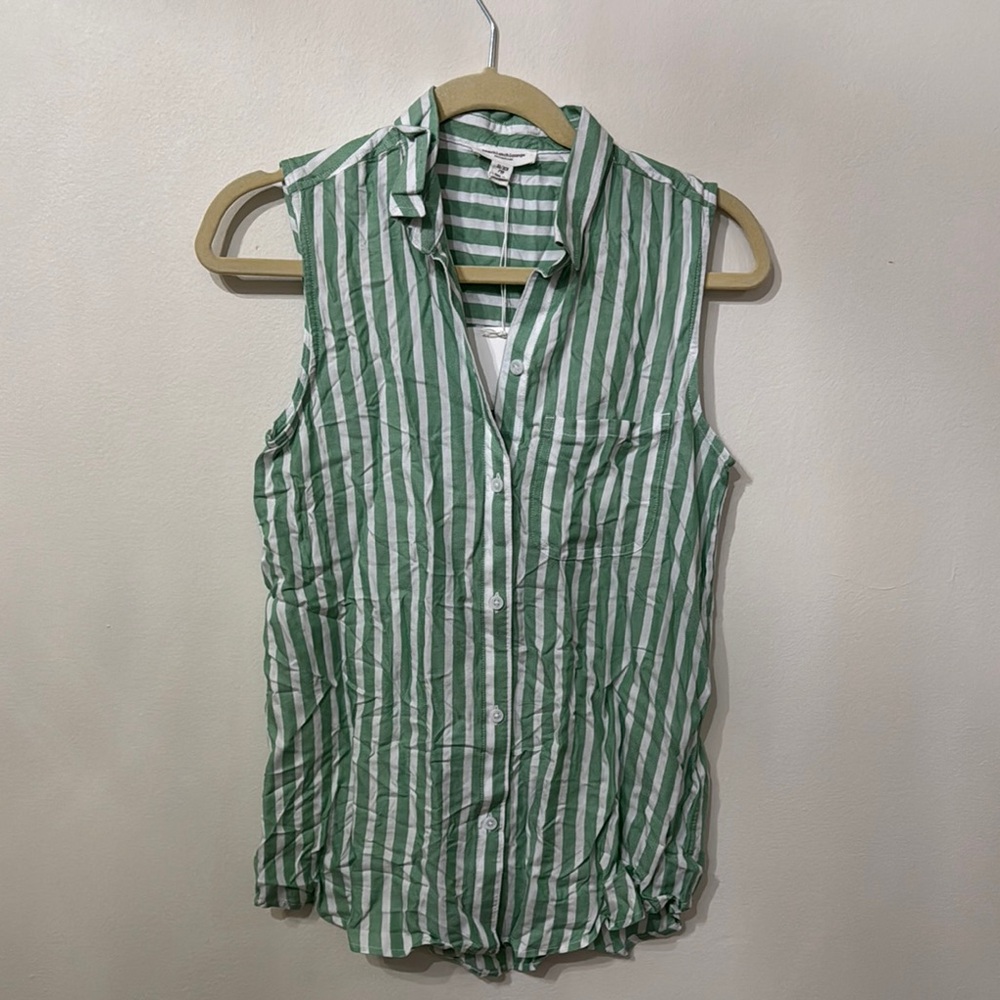 Beach Lunch Lounge Green and White Striped Sleeveless button down Top NWT
